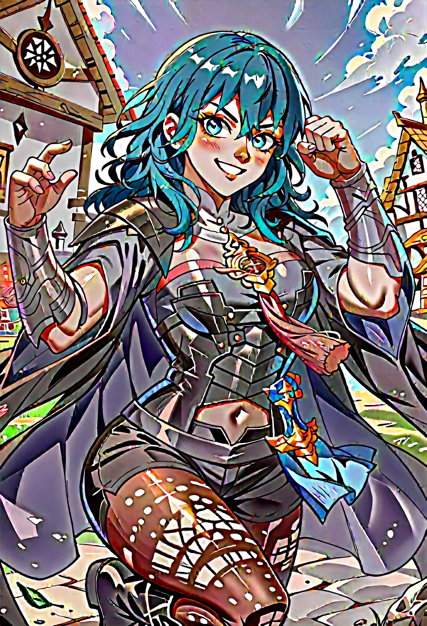 score_9,score_8_up,score_7_up, 1girl, solo, defByl, blue hair, blue eyes, black cape, detached collar, amulet, tassel, bodice, black armor, navel cutout, vambraces, black shorts, print legwear, brown pantyhose, black boots, holding a sword, smiling, fight pose, looking at you, medieval town