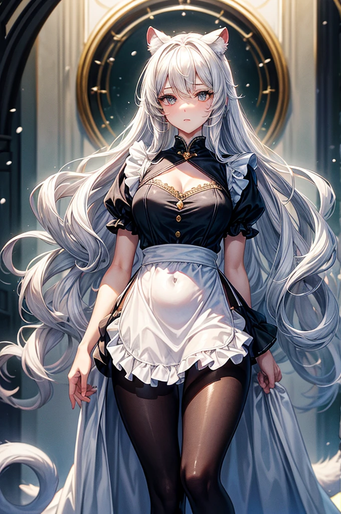 highest quality, ultra high resolution, super detailed, gorgeous, masterpiece, best quality, high resolution finely detailed, extremely beautiful, distinct image, simple Knee length Frilly dress, wearing an apron, hourglass figure, 1 girl, 21 years old, soft and beautiful facial features, symmetrical face, golden colored eyes, innocent doe shaped eyes, DD-cup breasts, tall height(195cm), slim curvy body, athletic and flexible physiques, flowing snow-white hair, narrow waist, long legs, modern times background, snow-white skin, hip-level shot, snow-white feline tiger ears, white striped tiger tail protruding out her back,
