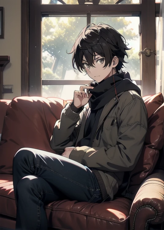 bell, Anime, Brown hair, Medium breast, Brown eyes, Slight smile, jeans, scarf, Gray jacket, The pants are black, He sits, Cross-legged, Inside the smart home, He sits on the couch, Wajah Asada Shino, Anime Sword Art Online, Best quality