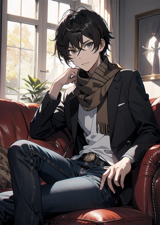bell, Anime, Brown hair, Medium breast, Brown eyes, Slight smile, jeans, scarf, Gray jacket, The pants are black, He sits, Cross-legged, Inside the smart home, He sits on the couch, Wajah Asada Shino, Anime Sword Art Online, Best quality