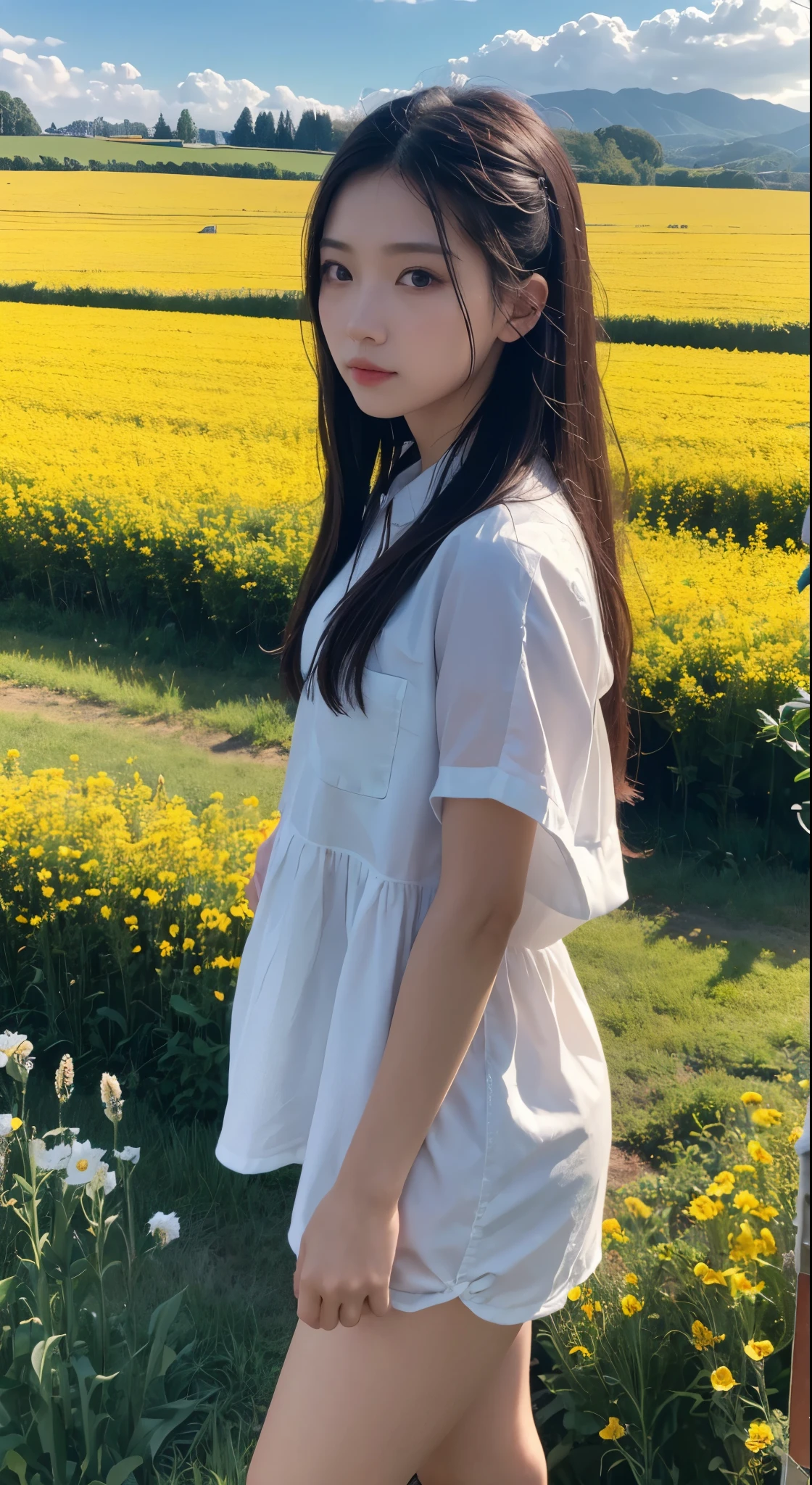 (Realisticity: 1.3), Fine, Quality, Rembrandt Lighting, (Masterpiece: 1.2), (Realisticity: 1.2), (Best Quality), (Skin Details: 1.3), (Intricate Detail), Dramatic, Idyllic, Ray Tracing, 1girl, Chinese Yellow Girl, Long Black Hair, 24 years old, Modern Clothing (Meadow, Sun, Clouds, Fields, Farms, Starlight, Trails)  