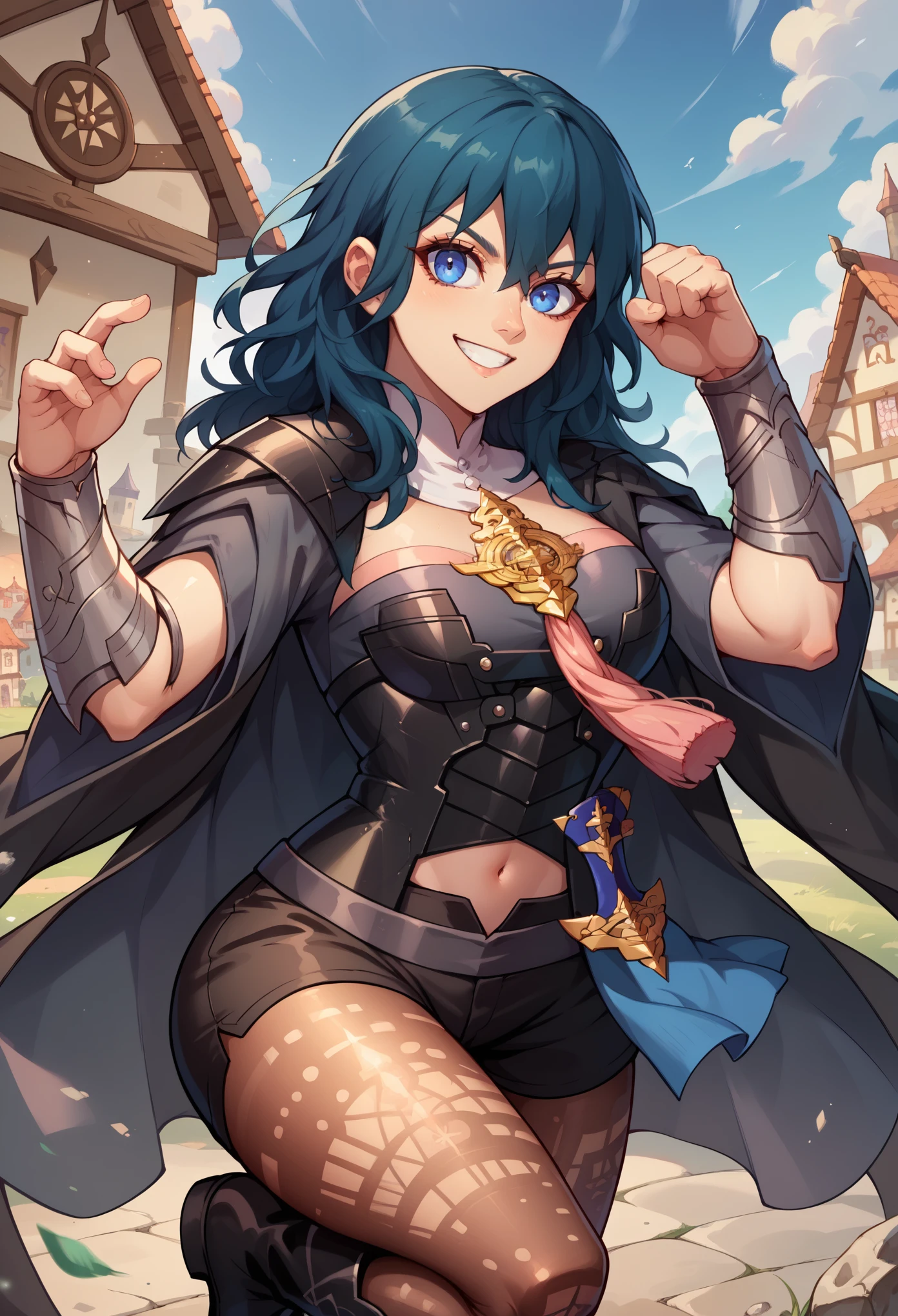 score_9,score_8_up,score_7_up, 1girl, solo, defByl, blue hair, blue eyes, black cape, detached collar, amulet, tassel, bodice, black armor, navel cutout, vambraces, black shorts, print legwear, brown pantyhose, black boots, holding a sword, smiling, fight pose, looking at you, medieval town