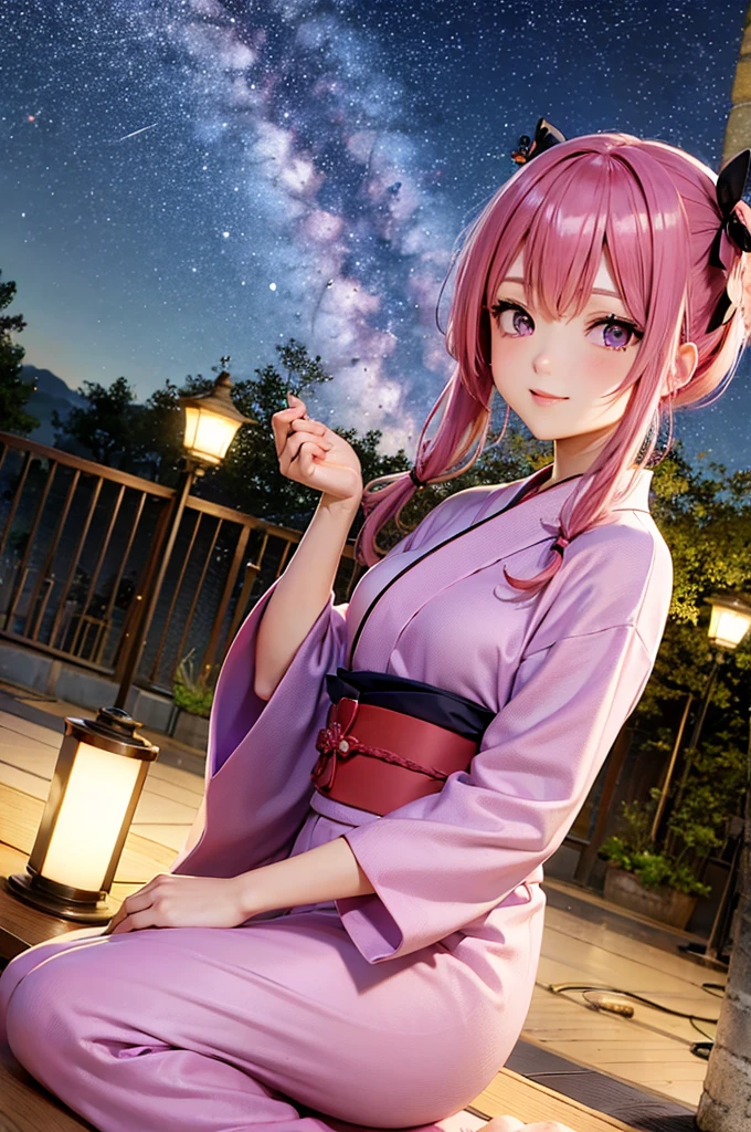 The upper part of the body、1人、Pink hair、Bun hair、mansion、Purple Eye、Sleepy face、Kimono、daggers、Medium Breath、scarf、wall-paper、Magic array background、 Japan anime-style odd eye spell, Create images of starry spring nights, Cherry blossoms falling under clear skies、I see the moon. Add some stars using screentones for magic effects.