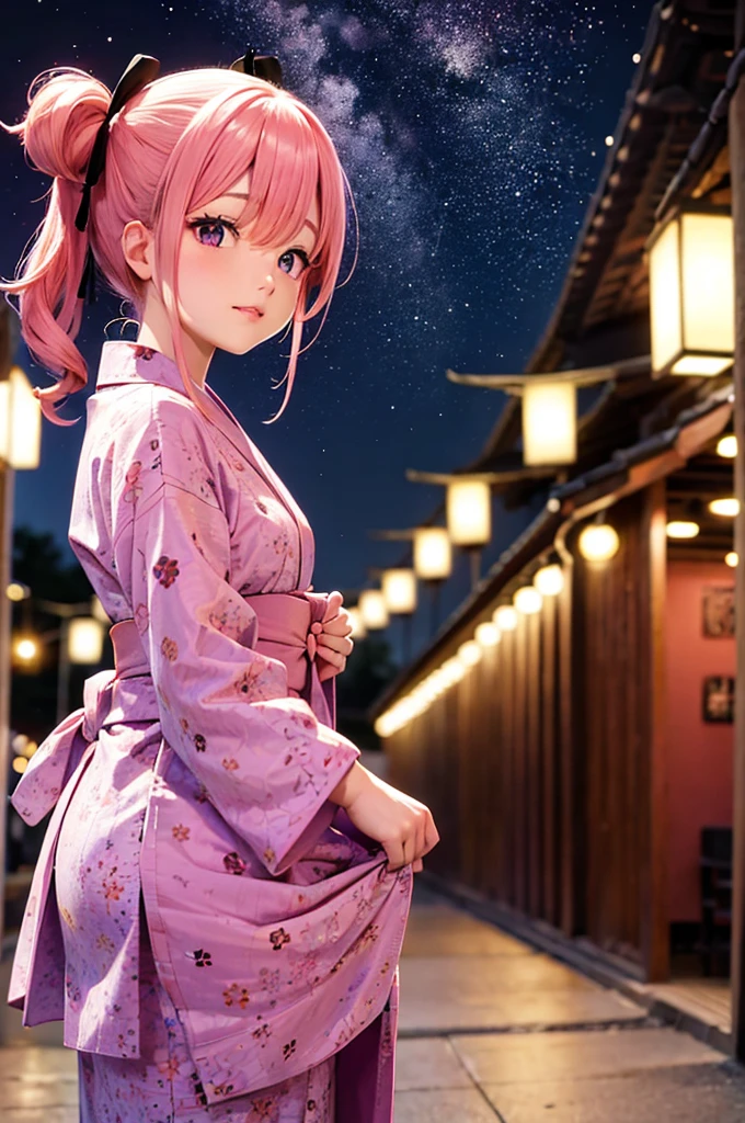 Pink Hair Twin tails Purple Eyes beautiful girl Purple ribbon Red yukata Festival Night Starry Sky