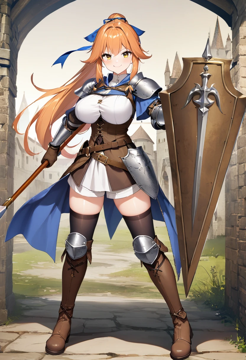 Masterpiece, Best Quality, Extra Detail, 1girl, armor, silver armored boots, bangs, black gloves, blue eyes, blue sky, boots, breasts, brown hair, cape, closed mouth, cloud, day, exhibitionism, full body, full gloves, greaves, hair ornament, perfect body, perfect breasts, long hair, looking at viewer, naked cape, navel, nipples, nude, outdoors, public indecency, public nudity, pussy, silver shoulder armor, sky, smile, solo, standing, tree, white cape, silver gauntlets