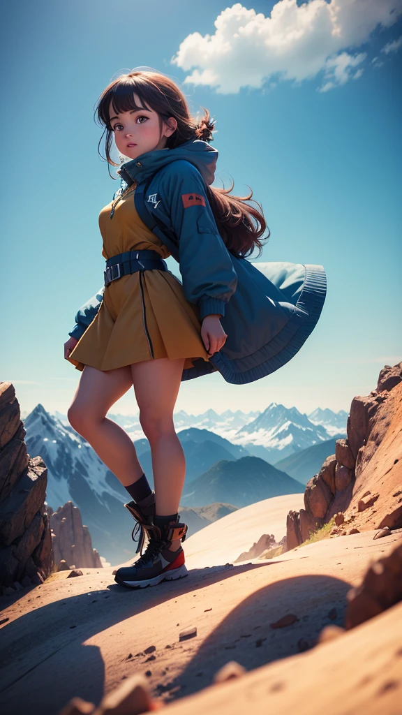 Girl standing on a mountain peak, with a breathtaking view, representing achieving dreams and success, with a triumphant expression. 

The animation style should resemble Pixar's realistic and detailed human forms, with vibrant colors and textures