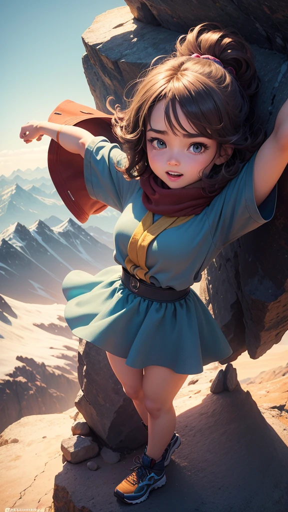 Girl standing on a mountain peak, with a breathtaking view, representing achieving dreams and success, with a triumphant expression. 

The animation style should resemble Pixar's realistic and detailed human forms, with vibrant colors and textures