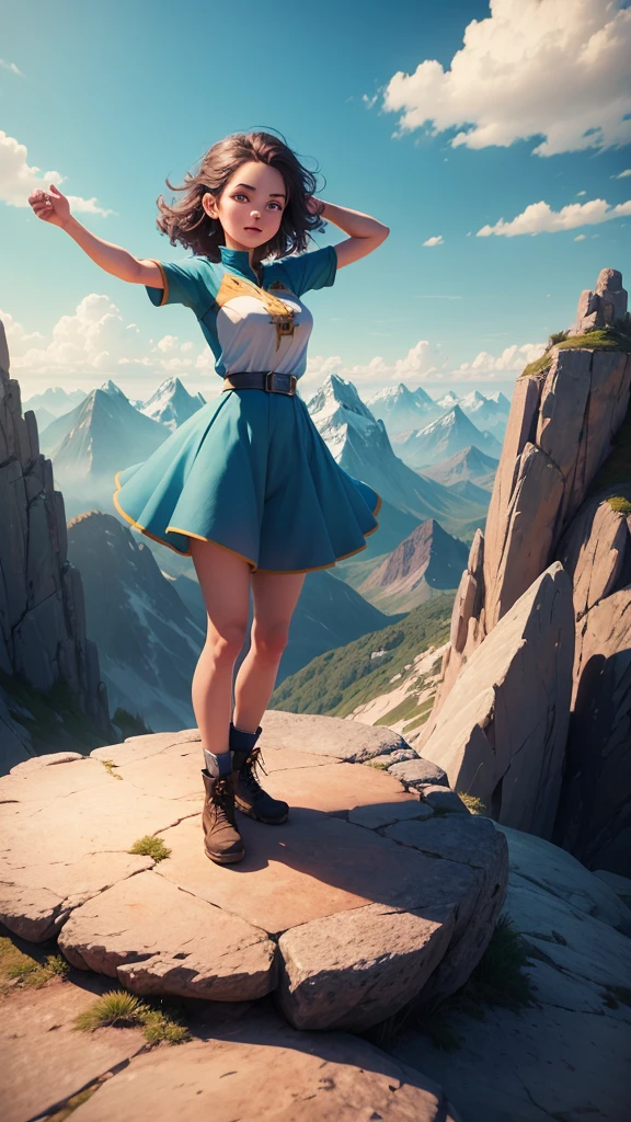 Girl standing on a mountain peak, with a breathtaking view, representing achieving dreams and success, with a triumphant expression.
The animation style should resemble Pixar's realistic and detailed human forms, with vibrant colors and textures