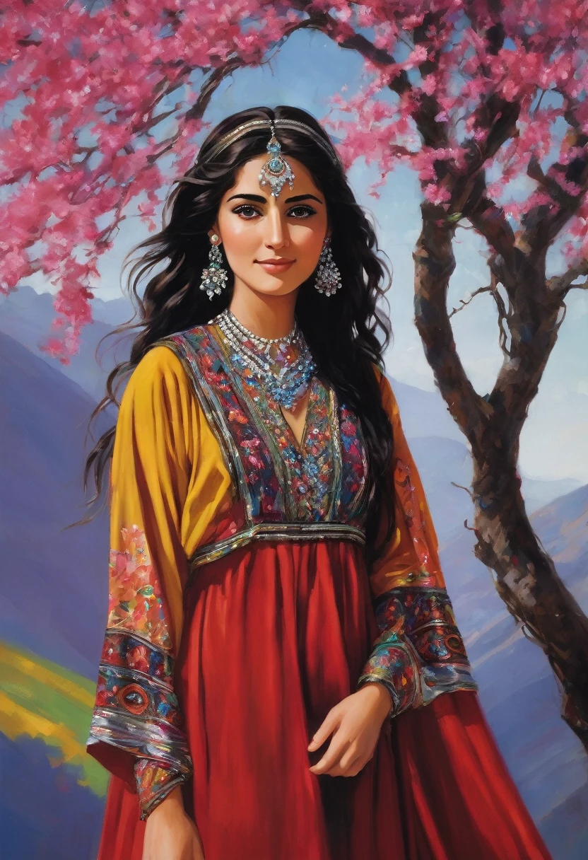 A Kurdish girl stands behind the magical tree.She has very large almond-shaped black eyes, bushy and arched eyebrows, a prominent long nose, and curly black hair.She wears a long dress in vibrant red, embellished with traditional floral patterns. The skirt of the dress is wide and pleated, moving beautifully with her every step. A colorful belt with exquisite decorations cinches her waist, adding a special harmony to her outfit. A soft, lightweight shawl in gentle hues is draped gracefully over her shoulder, complementing the beauty of her attire. She wears beautiful silver earrings shaped like small circles that hang from her ears, and her fingers are adorned with several silver and colored rings. On her feet, she sports traditional black leather shoes that perfectly match her outfit. Her face is radiant with a charming smile, and her large, dark eyes draw attention, adding an extra allure to her presence. This dress not only represents the rich culture of the Kurds but also reflects her personality and beauty.she is a queen
