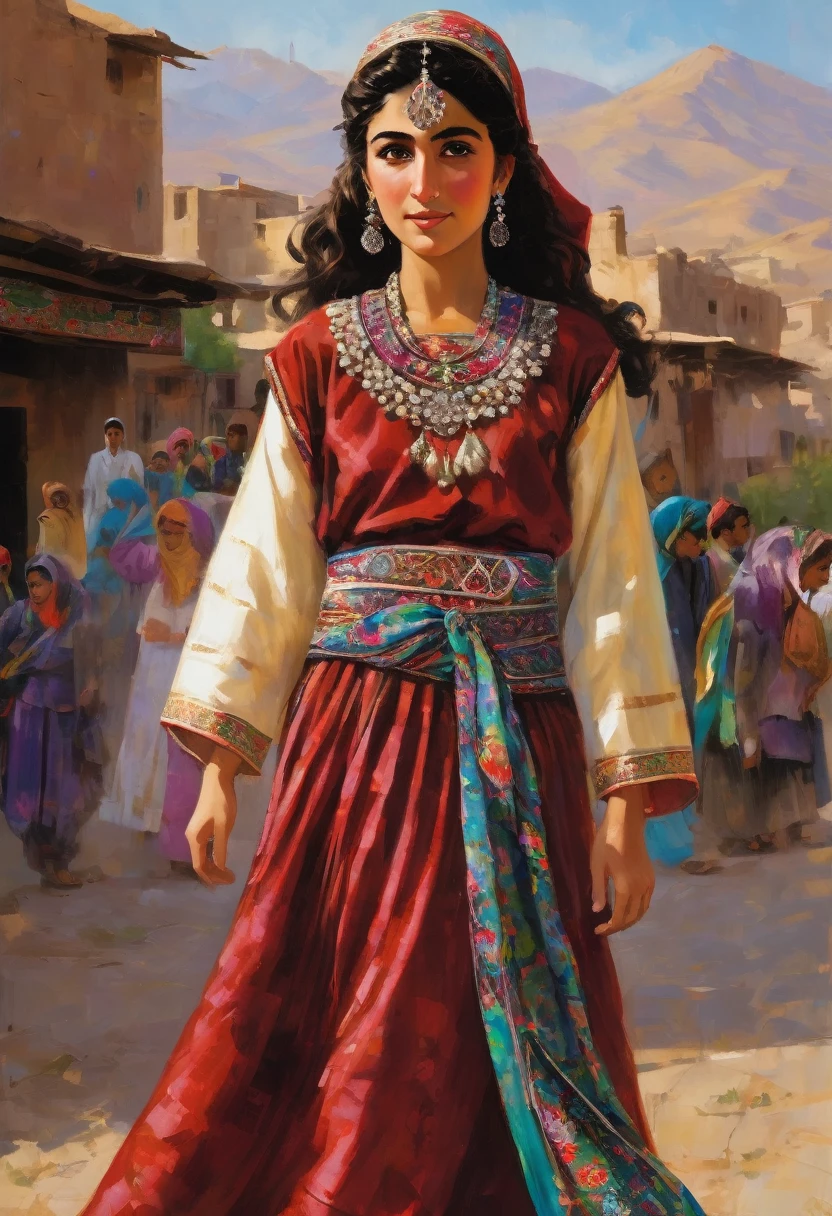 A Kurdish girl stands behind the magical tree.She has very large almond-shaped black eyes, bushy and arched eyebrows, a prominent long nose, and curly black hair.She wears a long dress in vibrant red, embellished with traditional floral patterns. The skirt of the dress is wide and pleated, moving beautifully with her every step. A colorful belt with exquisite decorations cinches her waist, adding a special harmony to her outfit. A soft, lightweight shawl in gentle hues is draped gracefully over her shoulder, complementing the beauty of her attire. She wears beautiful silver earrings shaped like small circles that hang from her ears, and her fingers are adorned with several silver and colored rings. On her feet, she sports traditional black leather shoes that perfectly match her outfit. Her face is radiant with a charming smile, and her large, dark eyes draw attention, adding an extra allure to her presence. This dress not only represents the rich culture of the Kurds but also reflects her personality and beauty.she is a queen