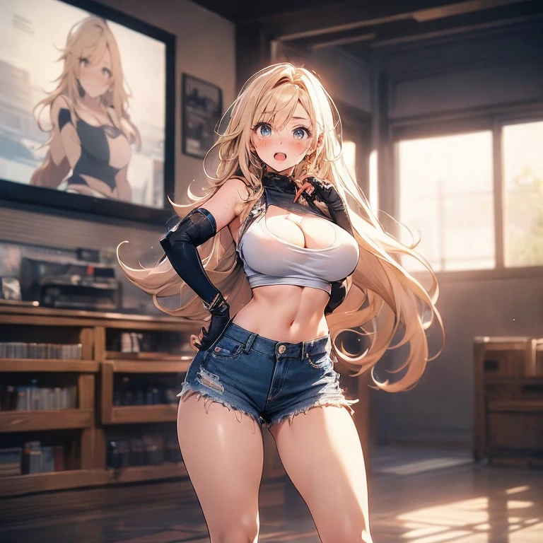 Anime Kawaii sexy Perfect Slim sensual body large breast and huge thighs, An intricate and highly detailed illustration of anime (Young girl) (work of art), best qualityer, expressive eyes, face perfect, high resolution, (8k), (face perfect), (ultra details), 1 girl, standing alone, garota terry bogard, hair blonde, hypdertailed, blue colored eyes, long hair, boné de baseball, gloves fingerless, shorts jeans, shoe, blushful, afraid, anguished, With open mouth, background of the room, we don't put, standing, portraite, looking at herself