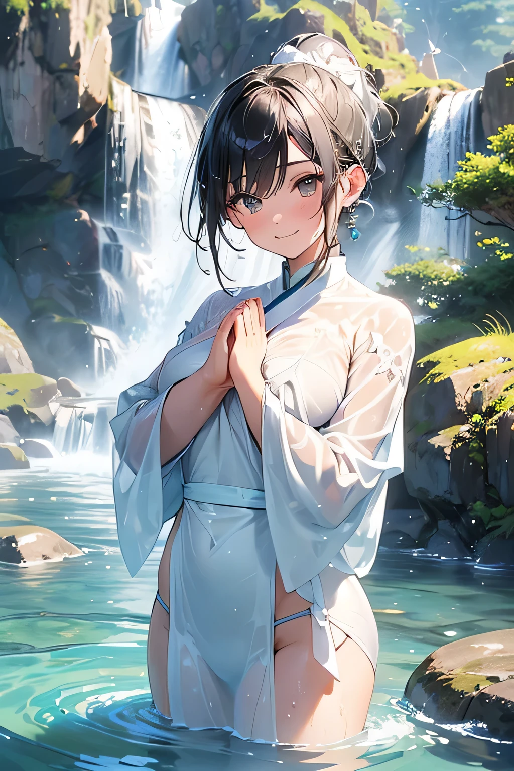 Highest quality、High resolution、Detailed Background、Artistic、(Beautiful face in every detail:1.4)、Anatomically correct、(Normal number of fingers:1.2)、Highly detailed face、Detailed eyes、Teenage beauty、(Huge breasts:1.2)、Perfect body line、Light color hair、Bobcut、ponytail、well-groomed eyebrows、cute gesture、Natural beauty、Deep green mountains、Under the cold winter sky、A secluded waterfall。Roar and splash、Show only the upper body、Accentuate your cleavage、The fabric is transparent and emphasizes her breasts、The fabric is transparent and the skin is visible、A big smile、

(A girl wearing a white cloth with her hands together in prayer being showered by the water of a waterfall:1.5)、

clear々In the quiet mountain stream、I am trying to do waterfall training.、As the cold water splashes up、He stands there, breathless and excited.、While brushing back her wet hair、Even though they are shivering from the cold, they have a look of accomplishment on their faces.、cute