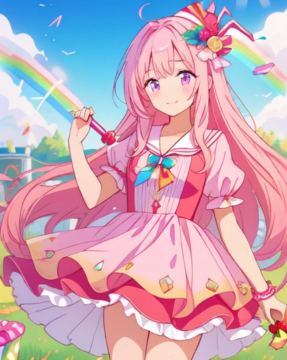 scepter, lots of candy, gumdrops, candycanes, a rainbow, candy, (a field of candy), 1girl, sugar queen, pink dress, a Sceptor of candy Surbhi Mom Kapten Dad Pirate School Summer
