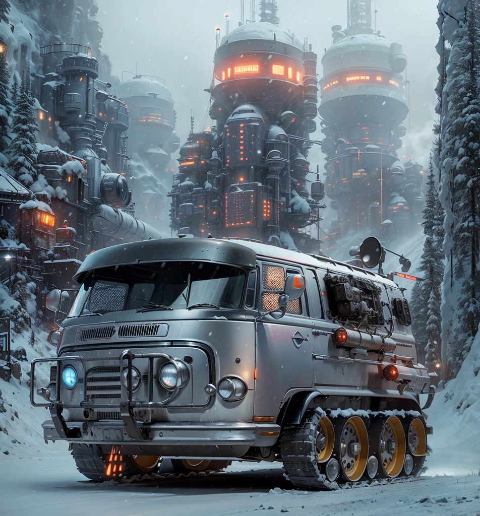 there is a Grunge and large armed Volkswagen Kombi with the head lights on with missiles and machine guns in the side body that is driving through a snowy city, industrial futuristic ice mine, sci-fi highly detailed, futuristic dieselpunk street, rolands zilvinskis 3d render art, sci-fi magic highly detailed, sci-fi car, scifi futuristic vehicles, industrial sci fi, sci-fi digital art illustration, sci-fi digital painting