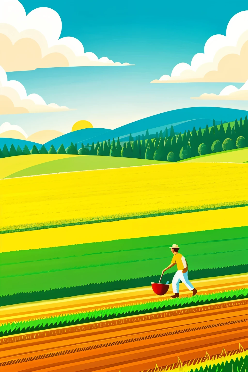 A male sower in a plowed field, throwing seeds to the ground,
(cartoon style), bright and vivid colors, Happy atmosphere, clear sky with a bright sun, green field with gentle hills in the background,
illustration style .