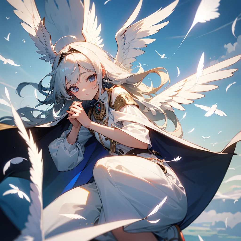 (masterpiece, top quality, best quality, official art, beautiful), Extreme Detail, female, long hair, with bangs, one eye covered, white dress, white skirt, thelema symbol, sky, birds, feathers, halo, wings, aura, all seeing eye