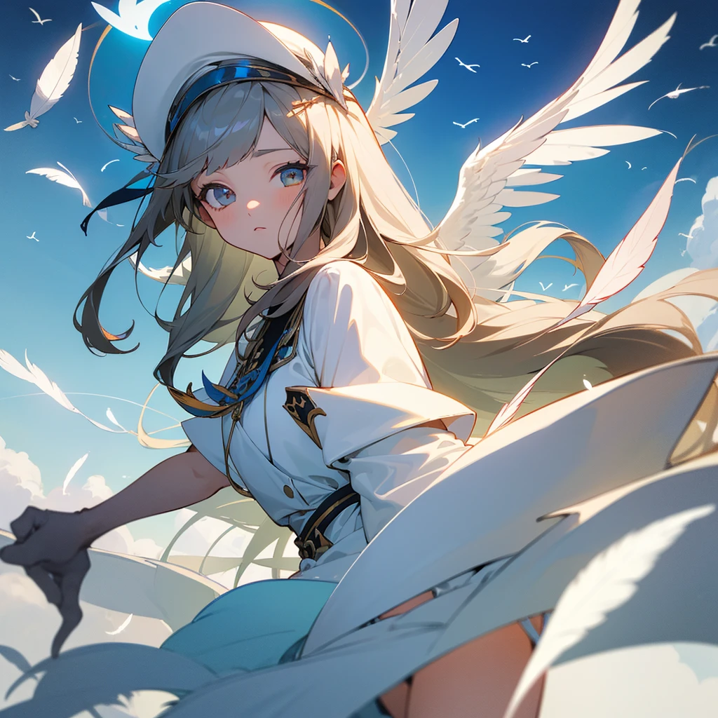 (masterpiece, top quality, best quality, official art, beautiful), Extreme Detail, female, long hair, with bangs, one eye covered, white dress, white skirt, thelema symbol, sky, birds, feathers, halo, wings, aura, all seeing eye 