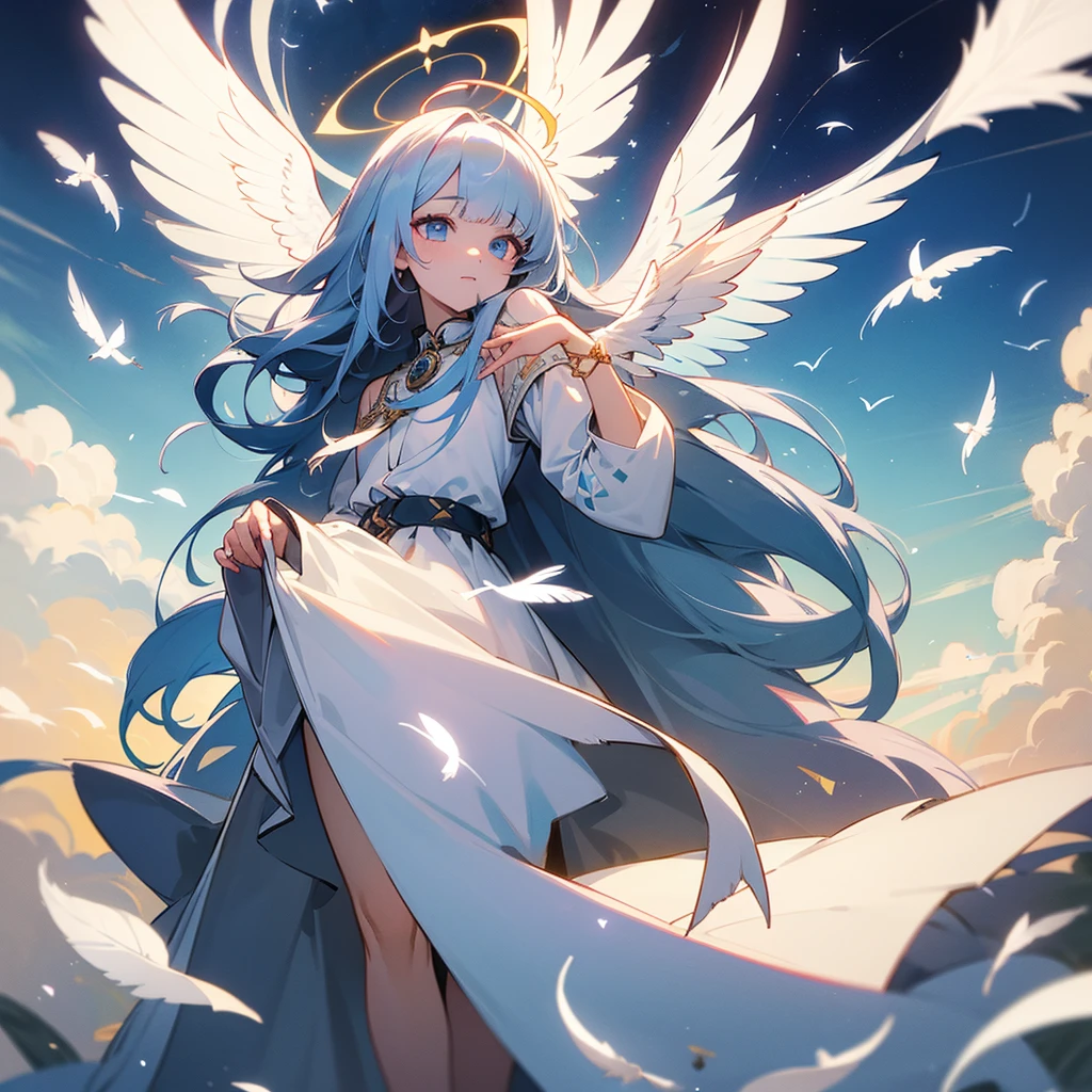 (masterpiece, top quality, best quality, official art, beautiful), Extreme Detail, female, long hair, with bangs, one eye covered, white dress, white skirt, thelema symbol, sky, birds, feathers, halo, wings, aura, all seeing eye 