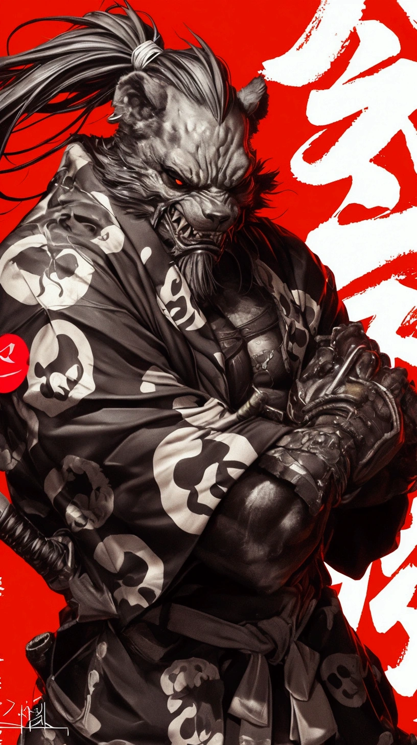 a close up of a werewolf with a samurai mask and a sword, black bear samurai, villain wearing a red oni mask, samurai chains ink undead, inspired by Kanō Hōgai, afro samurai manga style, trash polka, moon bear samurai, yasuke 5 0 0 px models, black bull samurai, samurai with demon mask, afro samurai style, samurai style