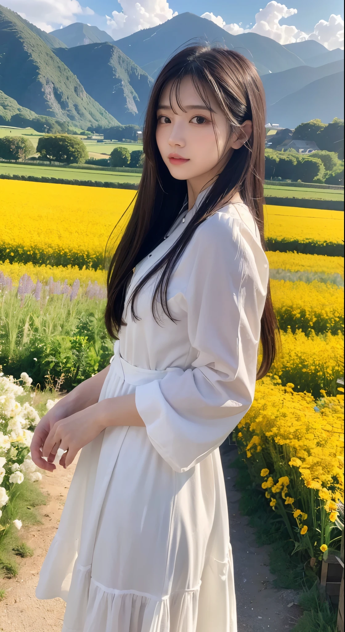 (Realisticity: 1.3), Fine, Quality, Rembrandt Lighting, (Masterpiece: 1.2), (Realisticity: 1.2), (Best Quality), (Skin Details: 1.3), (Intricate Detail), Dramatic, Idyllic, Ray Tracing, 1girl, Chinese Yellow Girl, Long Black Hair, 24 years old, Modern Clothing (Meadow, Sun, Clouds, Fields, Farms, Starlight, Trails)  