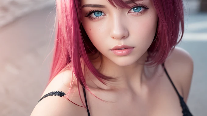 ((1girl)), Very beautiful sexy girl masterpiece, pink hair, blue eyes, expressive eyes, Detailed skin, realistic skin texture, texture, detailed eyes,  beautiful woman, no bra, wide, pink lace panties,