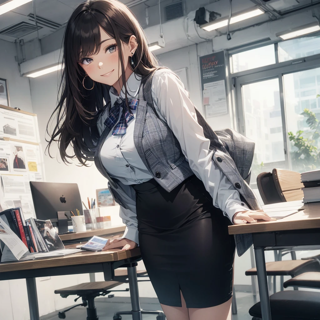 (Best Quality, Masterpiece),Wearing a pink plaid vest, White short sleeved shirt, Gray pencil skirt, Wear stiletto heels, Necklace, earrings, Cute face, Smile, Blushing, Shyness, Glass wall, Ultra Detail, Realistic, Front view, Whole body, stunning, cute, warm smile, hourglass figure, apron, text, chart, advertising, magazine title(Best Quality, Masterpiece), Mag((((1ladyl,)))) (masterpiece), (realistic), (best quality), (ultra-detailed), (wearing in [[white and gray check pattern]] Vest worn over white collared long-sleeved shirt:1.4), (gray vest with buttons:1.2), (Pink Theme:1.2), (blue ribbon ribbon:1.3), (Black theme:1.4), (Tight black pencil skirt:1.5), ((Brown pantyhose)), (high-heels:1.1),longskirt,office desk, office chair,Lulubre Unity 8K Wallpaper, pantyshot, long brown hair, office lady Magazine Cover, 1girl,  amazing, girl, 30 years old, house wiife, warm smile, hourglass figure, text, chart, advertising, magazine title