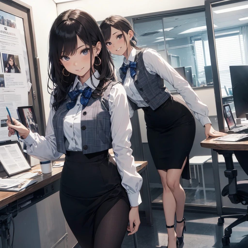 (Best Quality, Masterpiece),Wearing a pink plaid vest, White short sleeved shirt, Gray pencil skirt, Wear stiletto heels, Necklace, earrings, Cute face, Smile, Blushing, Shyness, Glass wall, Ultra Detail, Realistic, Front view, Whole body, stunning, cute, warm smile, hourglass figure, apron, text, chart, advertising, magazine title(Best Quality, Masterpiece), Mag((((1ladyl,)))) (masterpiece), (realistic), (best quality), (ultra-detailed), (wearing in [[white and gray check pattern]] Vest worn over white collared long-sleeved shirt:1.4), (gray vest with buttons:1.2), (Pink Theme:1.2), (blue ribbon ribbon:1.3), (Black theme:1.4), (Tight black pencil skirt:1.5), ((Brown pantyhose)), (high-heels:1.1),longskirt,office desk, office chair,Lulubre Unity 8K Wallpaper, pantyshot, long brown hair, office lady Magazine Cover, 1girl,  amazing, girl, 30 years old, house wiife, warm smile, hourglass figure, text, chart, advertising, magazine title