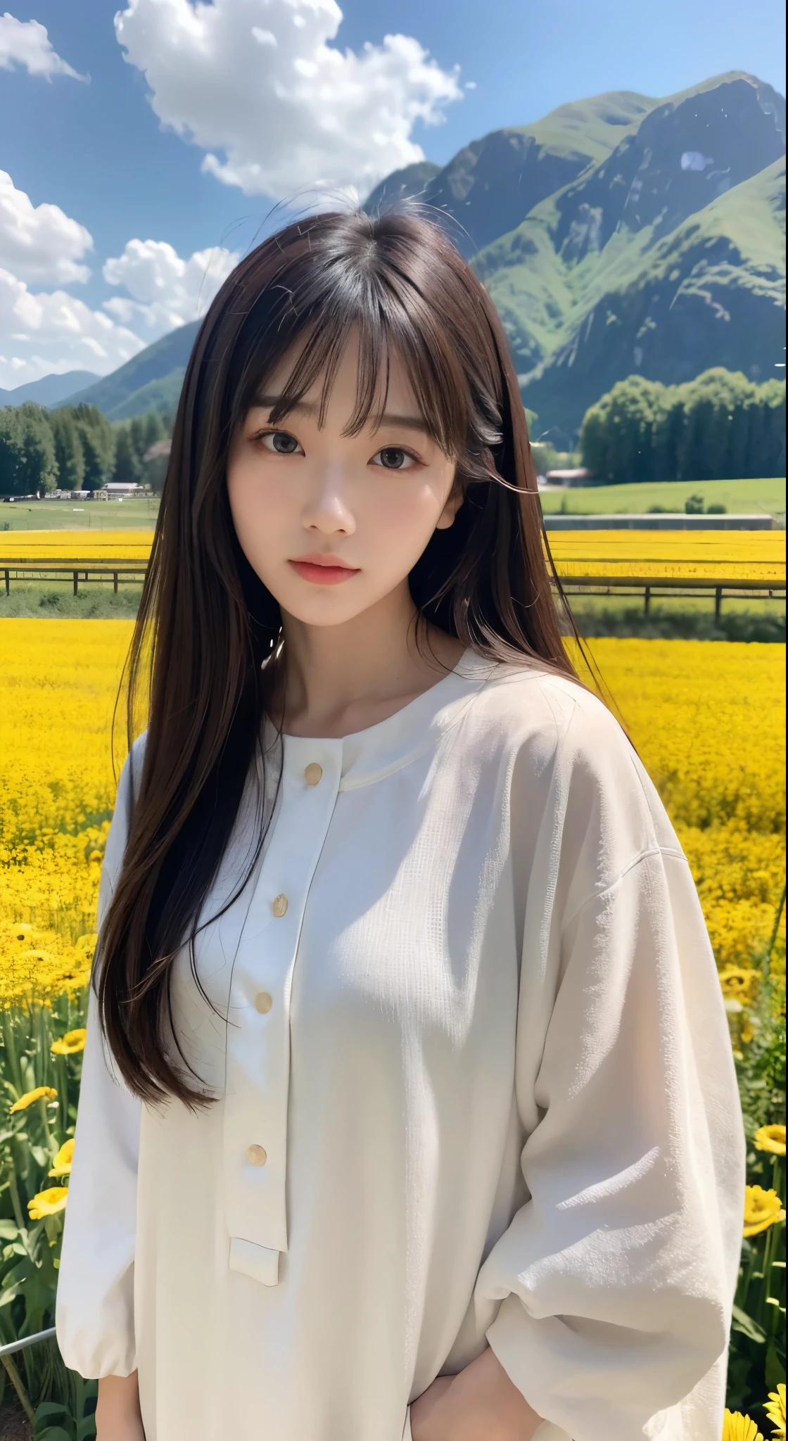 (Realisticity: 1.3), Fine, Quality, Rembrandt Lighting, (Masterpiece: 1.2), (Realisticity: 1.2), (Best Quality), (Skin Details: 1.3), (Intricate Detail), Dramatic, Idyllic, Ray Tracing, 1girl, Chinese Yellow Girl, Long Black Hair, 24 years old, Modern Clothing (Meadow, Sun, Clouds, Fields, Farms, Starlight, Trails)  