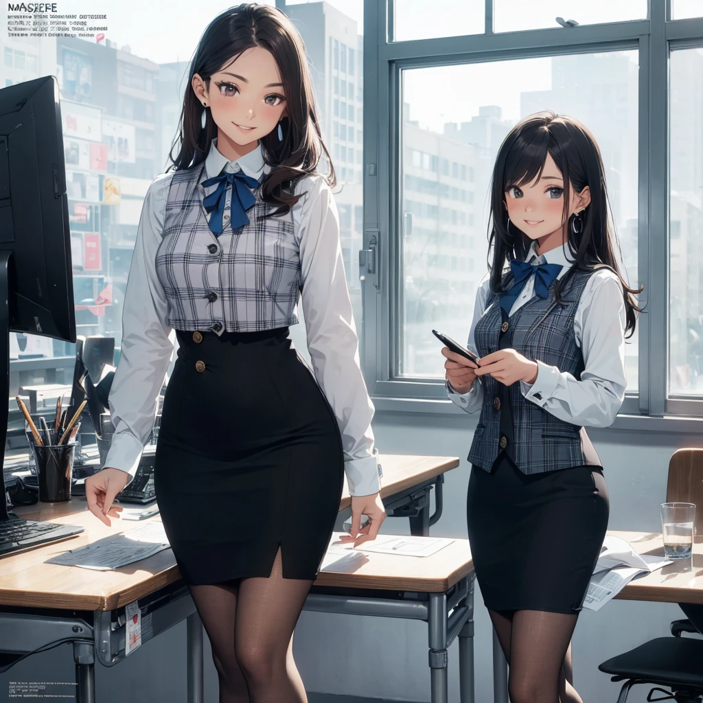 (Best Quality, Masterpiece),Wearing a pink plaid vest, White short sleeved shirt, Gray pencil skirt, Wear stiletto heels, Necklace, earrings, Cute face, Smile, Blushing, Shyness, Glass wall, Ultra Detail, Realistic, Front view, Whole body, stunning, cute, warm smile, hourglass figure, apron, text, chart, advertising, magazine title(Best Quality, Masterpiece), Mag((((1ladyl,)))) (masterpiece), (realistic), (best quality), (ultra-detailed), (wearing in [[white and gray check pattern]] Vest worn over white collared long-sleeved shirt:1.4), (gray vest with buttons:1.2), (Pink Theme:1.2), (blue ribbon ribbon:1.3), (Black theme:1.4), (Tight black pencil skirt:1.5), ((Brown pantyhose)), (high-heels:1.1),longskirt,office desk, office chair,Lulubre Unity 8K Wallpaper, pantyshot, long brown hair, office lady Magazine Cover, 1girl,  amazing, girl, 30 years old, house wiife, warm smile, hourglass figure, text, chart, advertising, magazine title