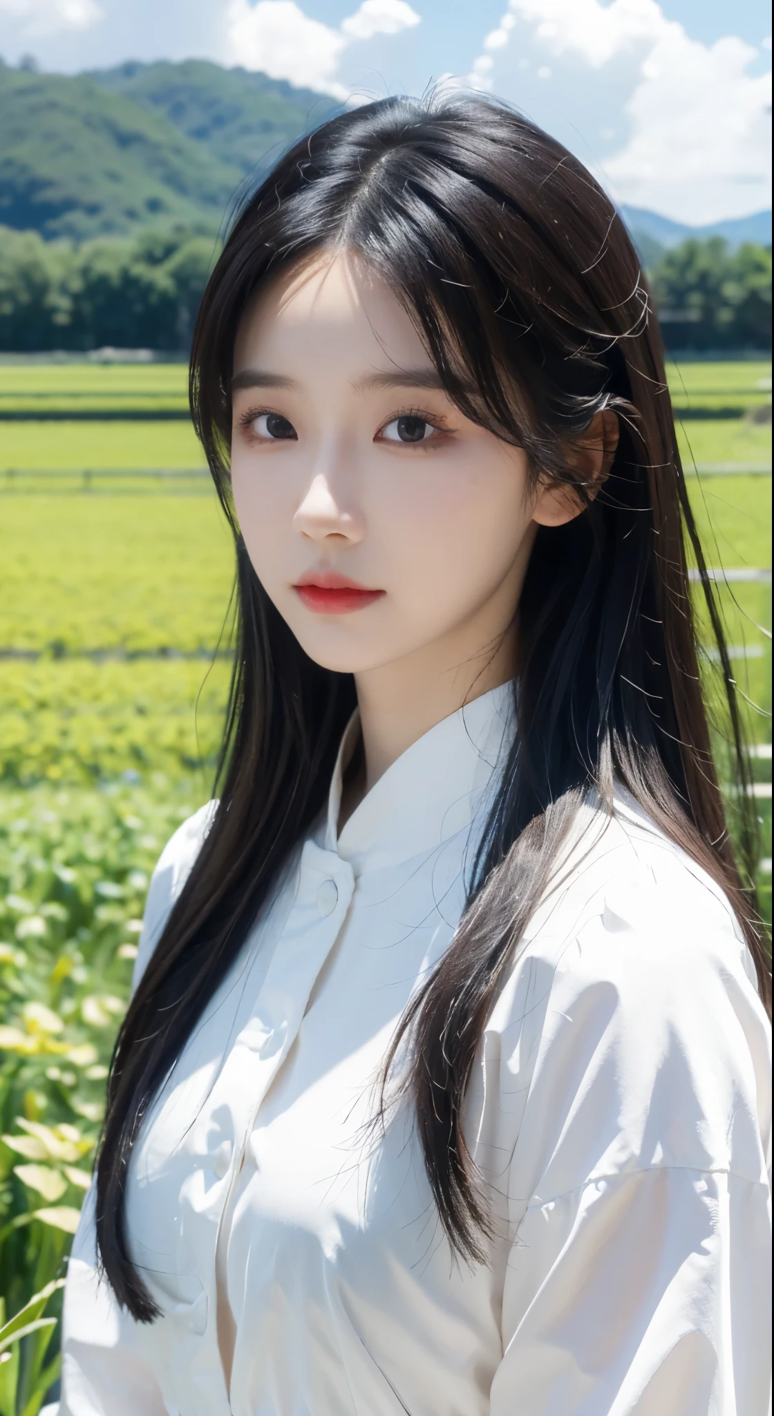 (Realisticity: 1.3), Fine, Quality, Rembrandt Lighting, (Masterpiece: 1.2), (Realisticity: 1.2), (Best Quality), (Skin Details: 1.3), (Intricate Detail), Dramatic, Idyllic, Ray Tracing, 1girl, Chinese Yellow Girl, Long Black Hair, 24 years old, Modern Clothing (Meadow, Sun, Clouds, Fields, Farms, Starlight, Trails)  