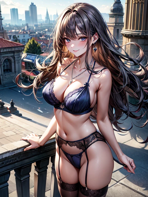 8K, (masterpiece, best quality:1.6), 1 lady, masterpiece, best quality, beautiful eyes, (Perfect Anatomy),

Glossy smooth hair, dark brown hair, long wavy hairstyle: 1.5, Bangs Swept Up, 

(Navy Blue Lingerie, navy blue thong, navy blue bra, black garter Stockings), (Silver chain necklace with Navy Blue small charm, simple silver earrings, silver bracelet), confident career woman,

busty, sexy body, (lovely smile), random porn pose, (standing), 

face light, cinematic lighting, sharp focus,

(beautiful scenery), daytime, cityscape:1.2, main street, very wid, panorama view, sense of depth, long shot, magnificent view, 