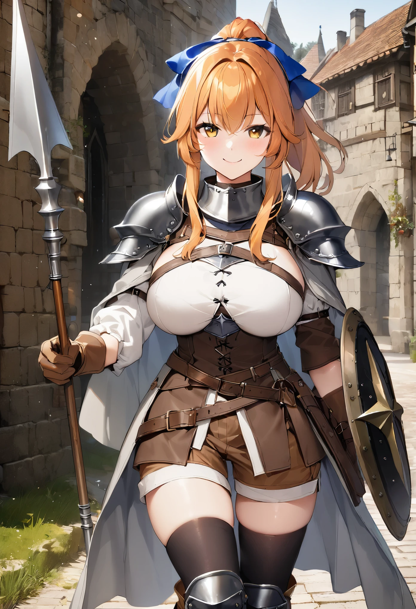 1girl, solo, shield, weapon, thighhighs, polearm, gloves, boots, long-hair, (((Medieval-background))), armor, brown-gloves, ponytail, orange-hair, full-body spear, ribbon, holding, simple-background, holding-weapon, looking-at-viewer, hair-ribbon, black-thighhighs, brown-footwear, smile, brown-eyes, shirt, yellow-eyes, standing, shorts, knee-pads, blue-ribbon, belt, shoulder-armor, white-shirt, vest, approximate image, ((big boobs) 1.1)
