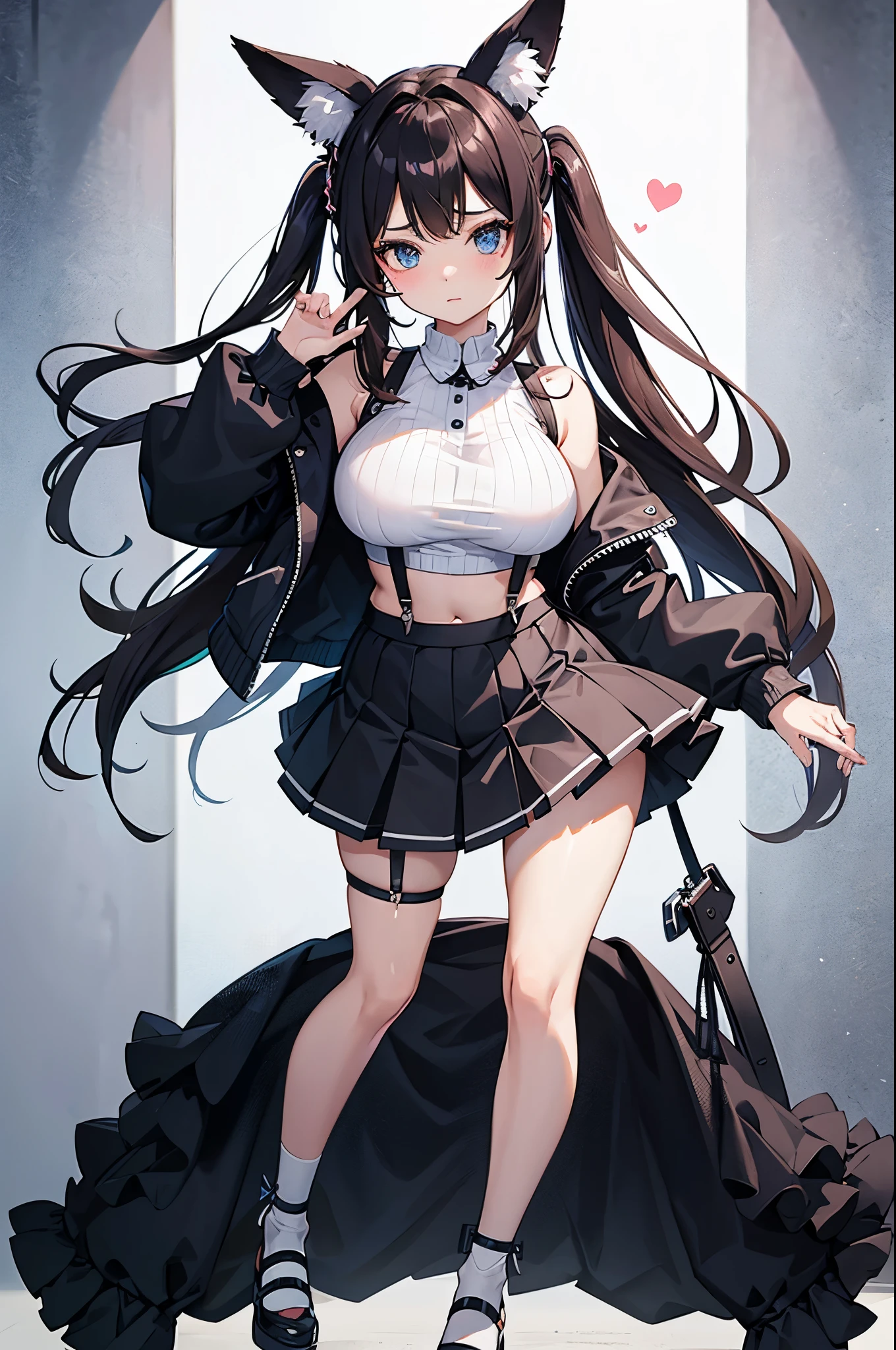 A chubby and thicc short anime girl stands confidently. Her long, fluffy rabbit ears sprout from the top of her head. She is a bratty high school delinquent who wears a uniform cut in a way that shows off her belly with suspenders coming attatching to a skirt worn below her stomach.  A jacket drapes elegantly over her shoulders, featuring puffed sleeves that add a playful touch near the wrists that are wearing a band of beads. The full-body portrait showcases her savvy tatical personality