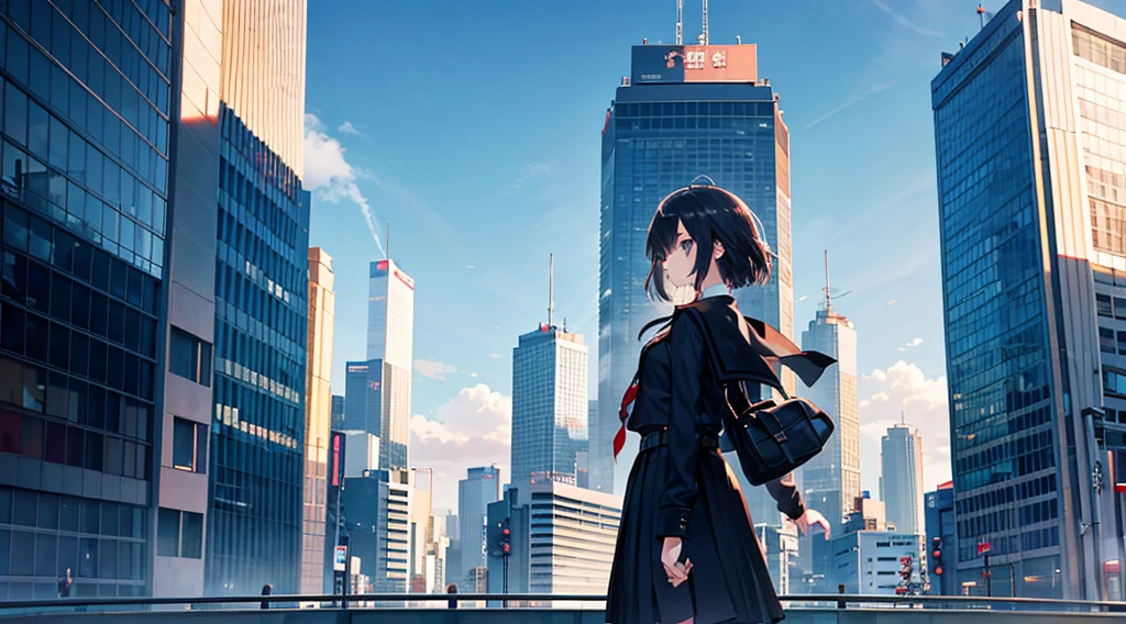 In the city of shibuya,skyscrapers pierce the sky,  The main subject of this image is a lone girl standing on the center of countless buildings, their backview stark against In strong sunlight and headwind. The image is rendered in exquisite detail, each shadow and highlight expertly crafted to create a sense of depth and movementl, showcasing the intricacies of the cityscape in front. The girl is cloaked in a school style, facing the other way, standing on his dignity. The scene drawing the viewer strengthen the soul.