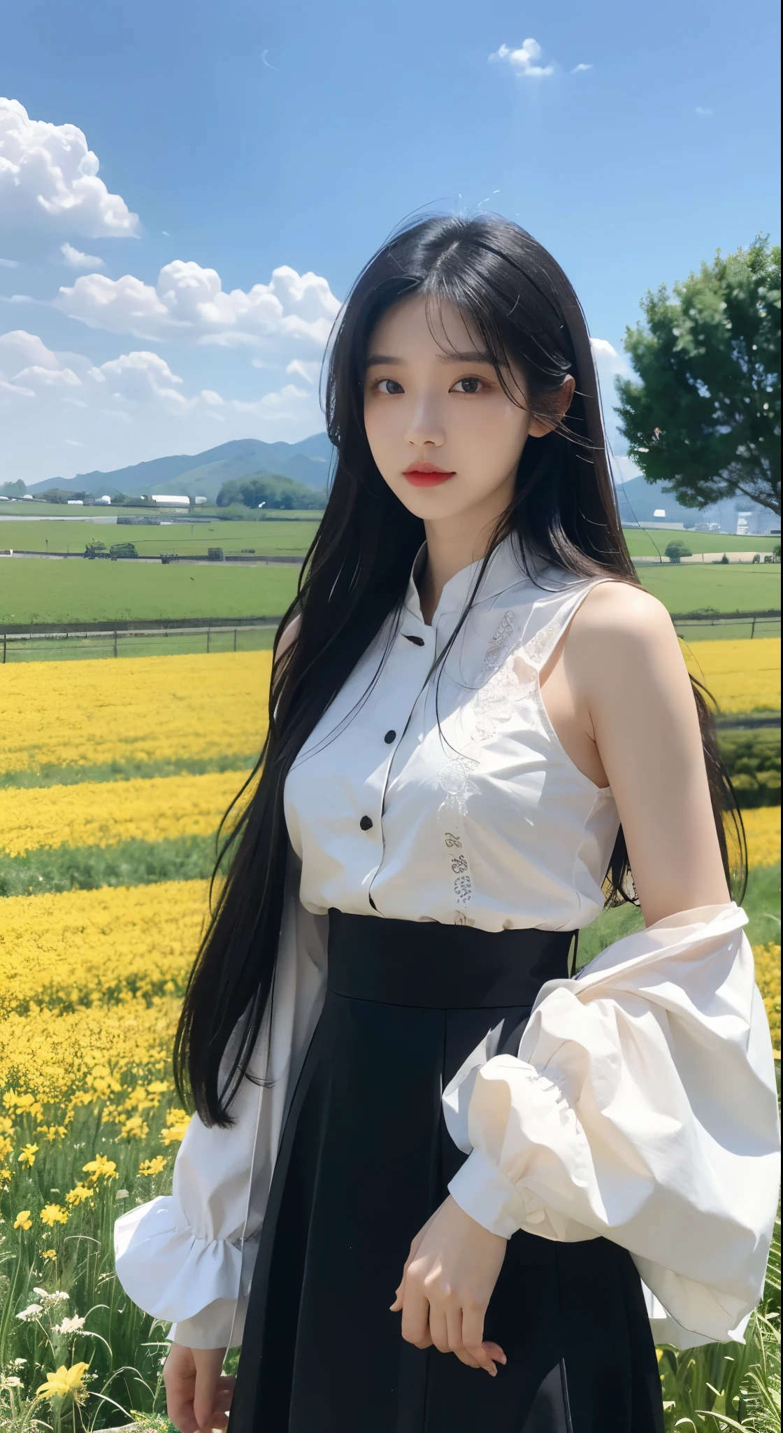 (Realisticity: 1.3), Fine, Quality, Rembrandt Lighting, (Masterpiece: 1.2), (Realisticity: 1.2), (Best Quality), (Skin Details: 1.3), (Intricate Detail), Dramatic, Idyllic, Ray Tracing, 1girl, Chinese Yellow Girl, Long Black Hair, 24 years old, Modern Clothing (Meadow, Sun, Clouds, Fields, Farms, Starlight, Trails)  