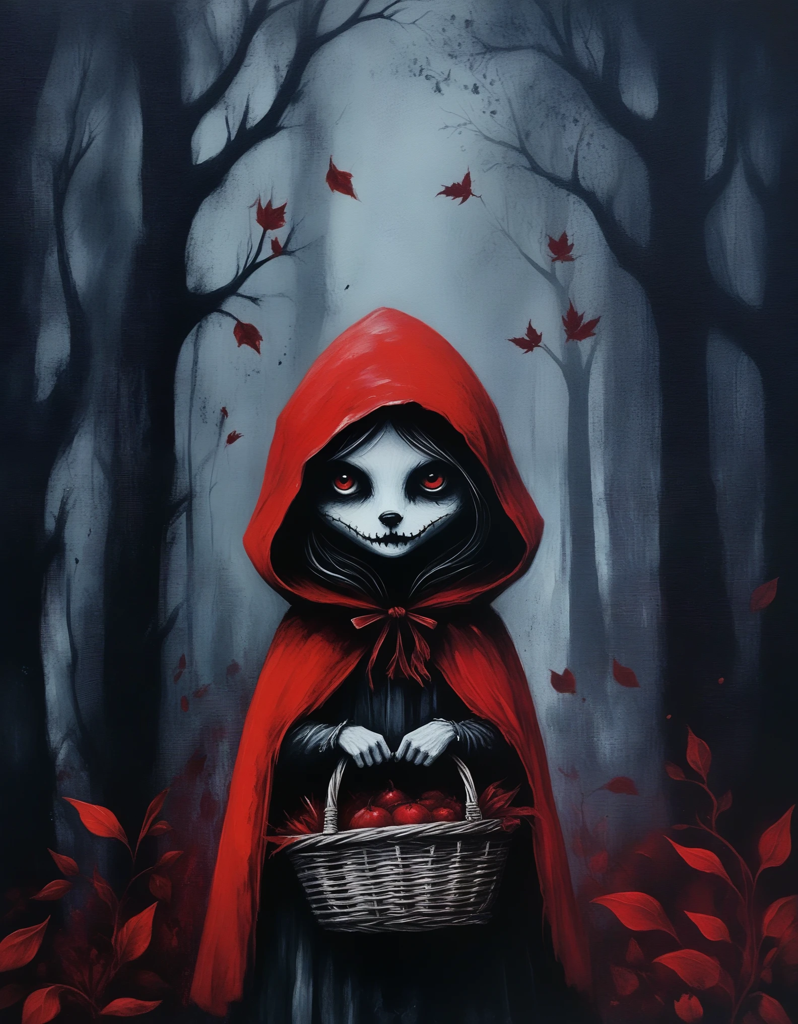 creepy little red riding hood,  leaves, novuschroma64 styl