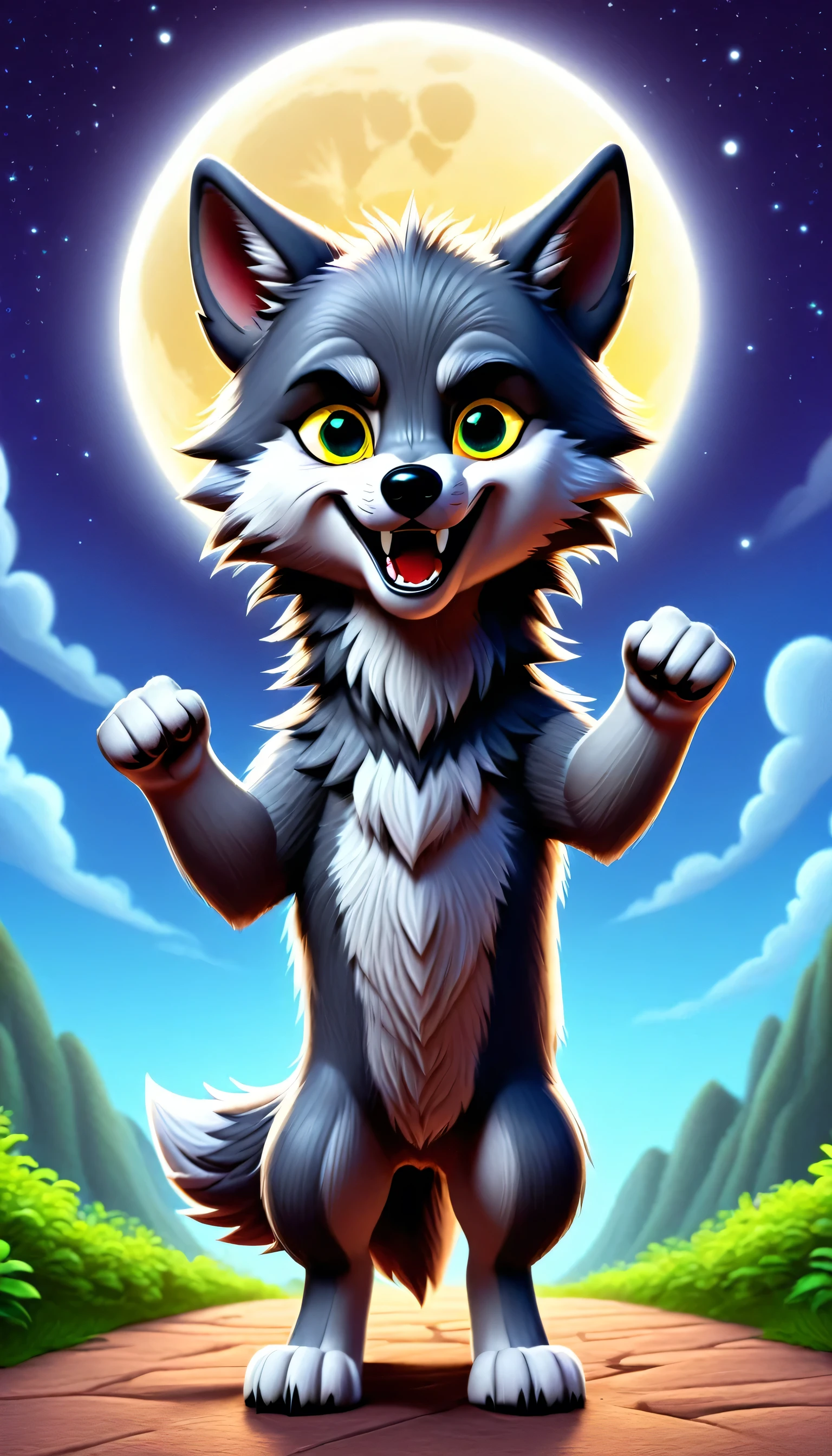 cute wolf, cartoon , arms up, hands ,cute eyes, looking at viewer, wolf ears, moon, brazil
