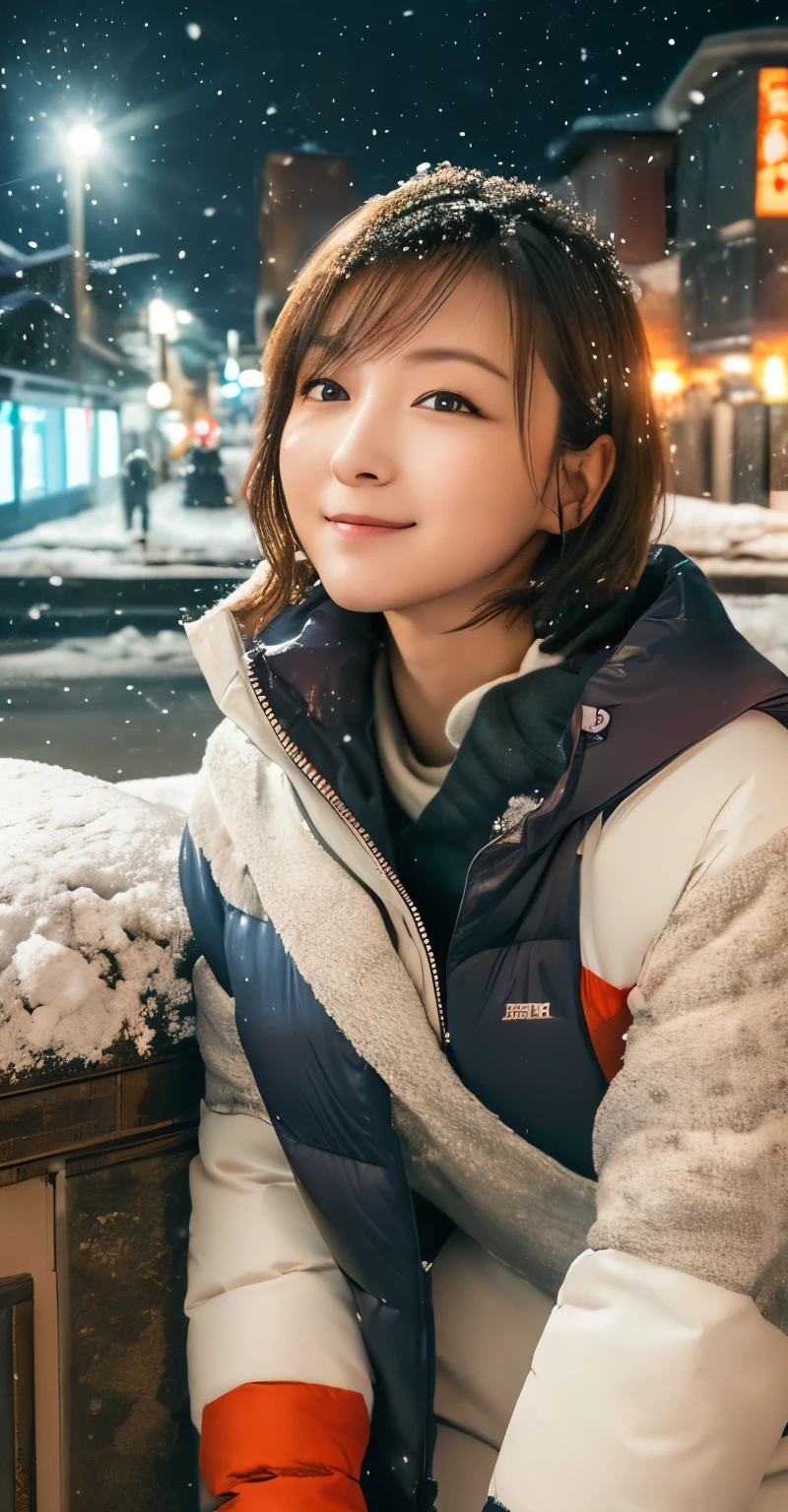 1girl in, (wear a white ski wear:1.2), (Raw photo, Best Quality), (Realistic, Photorealsitic:1.4), masutepiece, ((knee high shot)), Extremely delicate and beautiful, Extremely detailed, 2k wallpaper, amazing, finely detail, the Extremely Detailed CG Unity 8K Wallpapers, Ultra-detailed, hight resolution, Soft light, Beautiful detailed girl, extremely detailed eye and face, beautiful detailed nose, Beautiful detailed eyes, Cinematic lighting, Illuminations coloring the city on a snowy night, Snowy landscape, It's snowing, There&#39;s snow in my hair, Perfect Anatomy, Slender body, Taut, 
Straight short hair, Bangs, Looking at Viewer, A slight smil