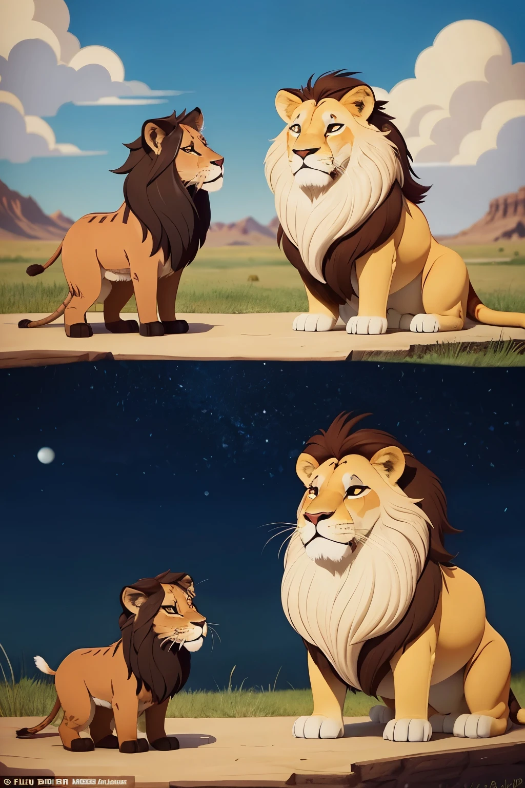 imagine this scene:ANIMALS IN CARTOON STYLE:
Mara A IENA tried to persuade Mufasa, the majestic lion and leader of the savannah. With flattery and promises of greatness, she tried to convince Mufasa to expel his rivals. However, Mufasa, l