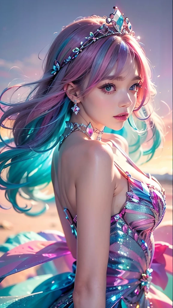 best quality,masterpiece,16k,1girl, bangs, bare shoulders, breasts, crown, crystal, dress, from side, gem,Colorful crystals,Crystal Headwear,There are many crystals on the clothes,Colorful gradient hair,Colorful Dress,Floating Colorful Crystal,Crystal on the body,Crystal necklace,Colorful crystal decoration,Crystal Girl, gradient hair, jewelry, long hair, makeup, medium breasts, multicolored hair, pink hair, solo, tiara