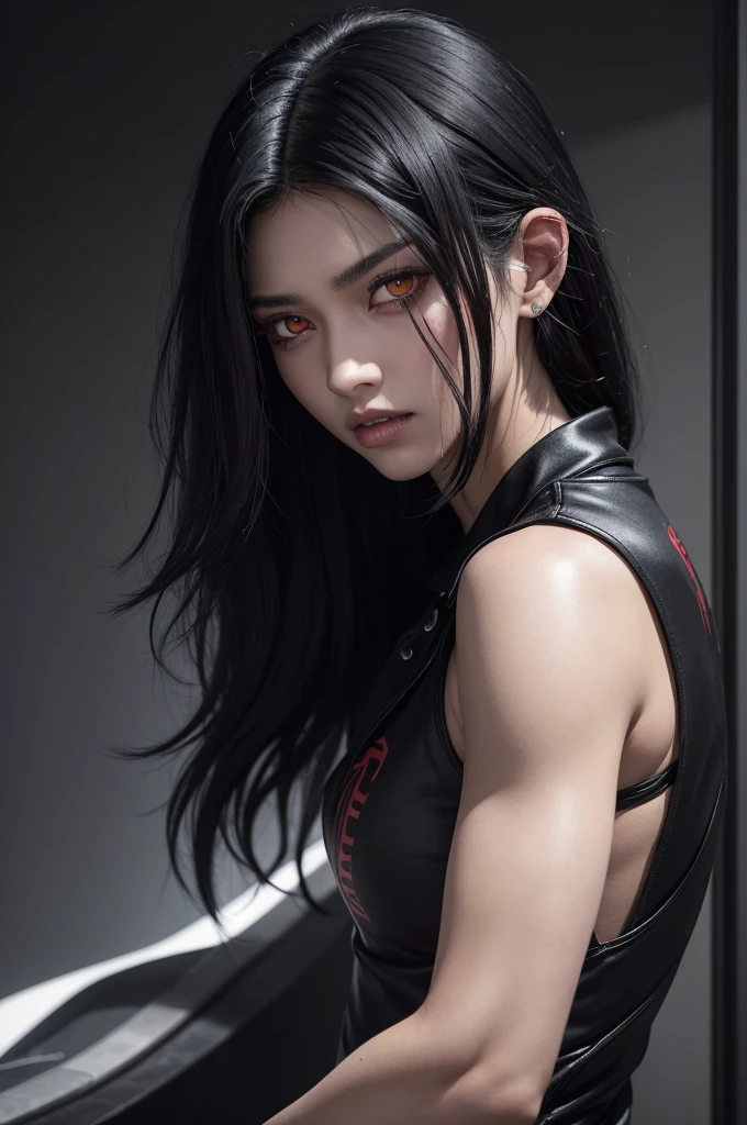 has black hair, black voluminous hair, an eye with a red iris and black sclera, mullet haircut, I wear black clothes, I have kagunes.kagune is made up of RC cells , that flow like blood, can become as solid as teeth and can be described as "liquid musclesum humano pardo, has black hair, black voluminous hair, an eye with a red iris and black sclera, mullet haircut, I wear black clothes, I have kagunes que são composto de células RC , that flow like blood, can become as solid as teeth and can be described as "liquid muscles