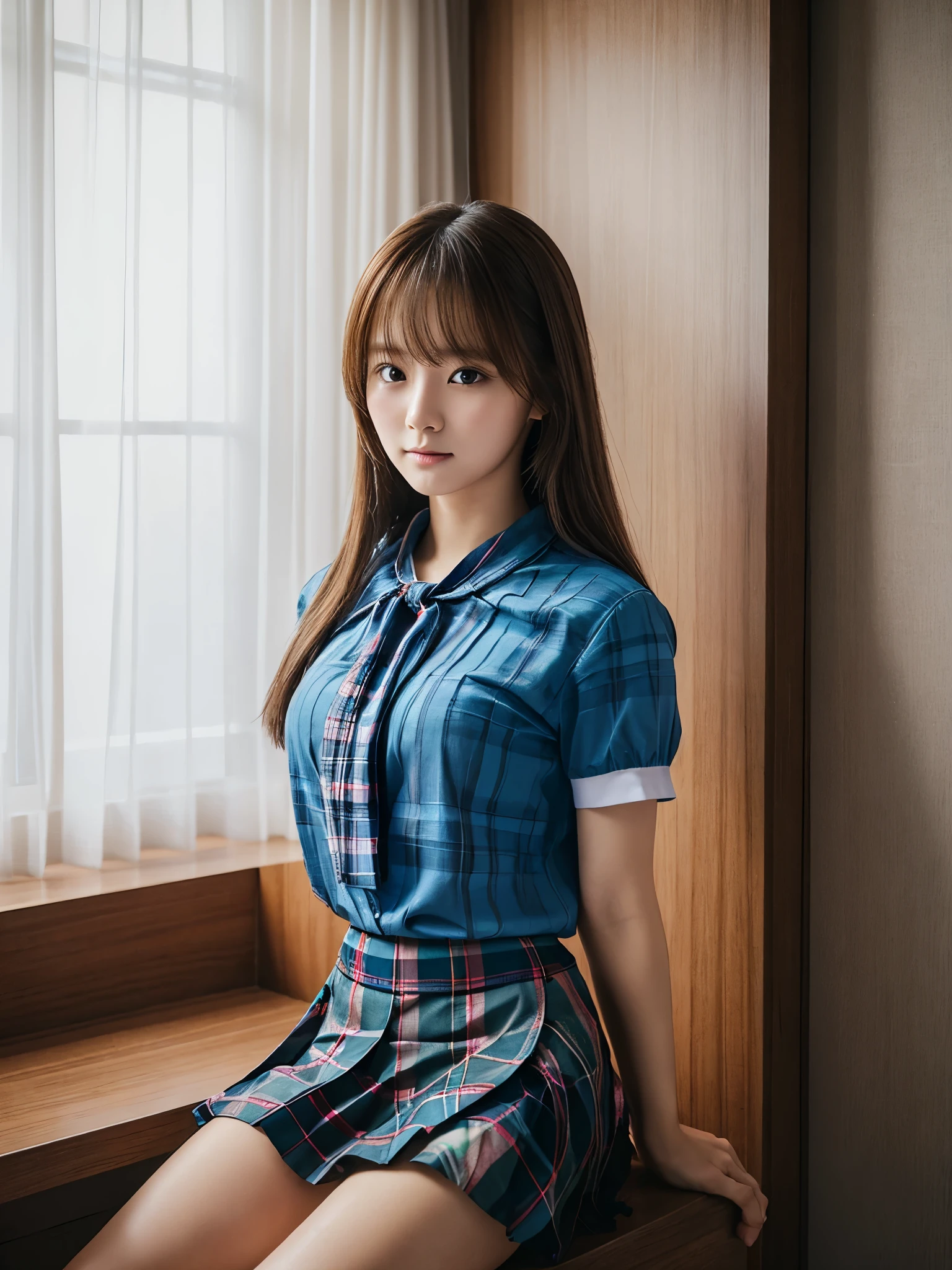 8k, Raw photo, Highest quality, masterpiece:1.2), masterpiece, Highest quality, figure, Very detailed, Fine details, High resolution, 8k,wallpaper, Perfect dynamic composition,(Detailed high quality, Realistic depiction of eyes:1.3)、A woman who has been kidnapped and has her hands tied、Arms wrapped around his back, hands tie behind back, Inside a beautiful hotel room at night、Crouching、Outside the window is a night view、((( With legs wide open、White panties are visible)))、(((Blue Short Sleeve Blouse、Tartan plaid pleated skirt)))、whole body、The whole thing faces forward、21 years old、I am a TV personality.、Beauty、Well-formed face、Make your eyes even、Beautiful black hair、Has bangedium build、Well-balanced proportions、Beautiful legs、Fresh face、Beautiful scenery、(((Viewers gaze forward)))、