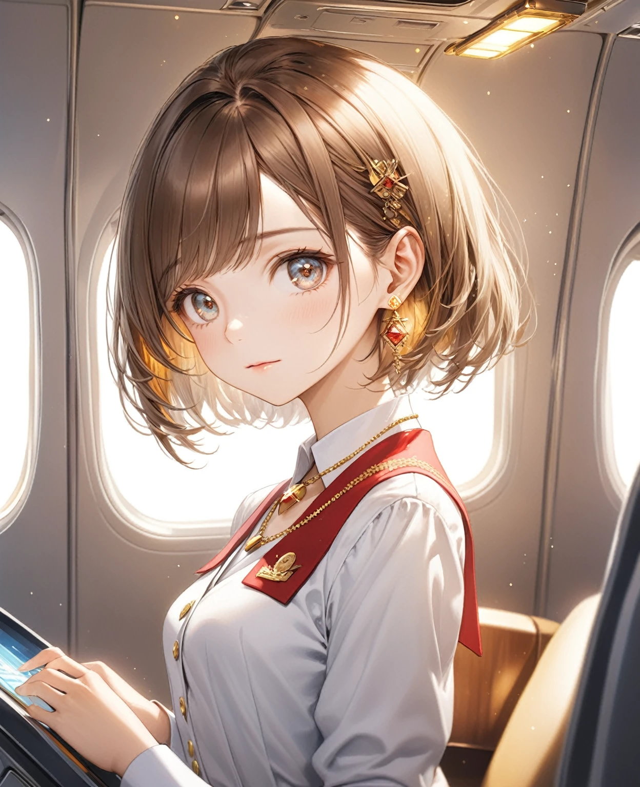 (Highest quality,8k,32K,masterpiece,Ultra-high resolution :1.2 ),born,One girl,Super cute,Natural light,Clear, shining eyes,20-year-old,Fair skin,Fantasy background of an electronic world like inside an airplane,The noble earrings are shining,The noble necklace shines,Brown Hair,short hair,Cabin attendant,stewardess