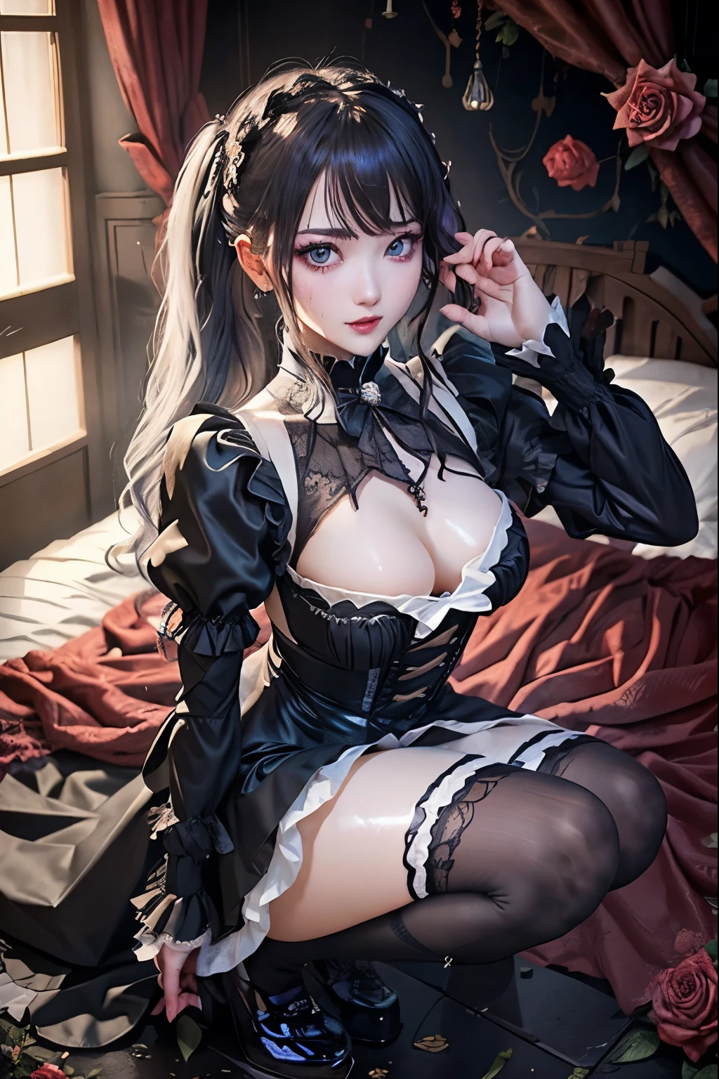 ハードなDark Gothicメイク、Black dark eyeshadow、sad、Good skin radiance、Dark Gothicメイク、Dark smile、palace、The beauty of fragrance、24-years-old、Expressions of intense sexual pleasure、Embarrassed look、Dark Gothic、Highest quality、Expression of sexual pleasure without pain、Drunk face、Purple maid outfit、mysterious、noble、Loving smile、Twin tail hair、Right eye is blue、Left eye is red、Super tempting pose、Platform heel shoes、Heavy makeup、Gothic Lolita Clothing、Silver Hair、Long Hair Straight Hair、Cute Gothic Lolita Dress、Beautiful Face、Elegant face、Attractive face、Stained glassの背景、Chest glistening with sweat、The room is dark、goth long dress、Bell Sleeves、Wizard Sleeve、Decadent look、Sexually excited expression、Wet shiny thigh water、Thighs that are wet and shiny with oil、Background of a room full of roses、Sad look、Rose Maiden、The embroidery is pink、The dress has pink embroidery.、Thigh-high socks、Knee-high socks、Gentle expression、Dark black eyeshadow、Stained glassとバラの背景、Thighs are a little thin、Female Duo、Female couple、dark church background、Stained glass、Black metal world、Dark Castle、Dark Room、Slender body、gothic long dress、Victorian dress、Small breasts、With a glass of wine in your right hand、With a lantern in his left hand、The bed is covered with roses、Her thighs are shining with sweat、My body is wet and shiny、There is a lot of glitter on the thighs、I am sweating、My thighs are sticky with sweat.、My thighs are glistening with sweat、My whole body is sweaty and shiny、I sweated a lot.、My thighs are sweaty、My wet thighs are glistening with sweat.、There is a lot of sweat shining all over my body、Slender body、I rest my head on the pillow、Sleeping in bed、Beautiful legs、Outstretched legs、Lying in bed、Lying on your back in bed、On all fours、Knee Up、Kneel、Put your arms behind your back、Kneeling on the bed、Super beautiful straight hair、Straight hair to the ends、Straight Perm Hair、Show off your thighs、Sit on the bed、Ass on the bed、Sitting with legs apart、