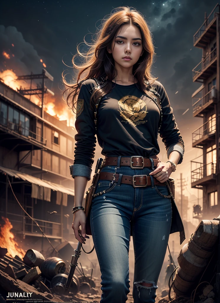 Movie poster, jungle city, lion warrior, medium chest woman, black jeans, belt, long t-shirt, coat, rivets, holster, rivets, explosions, jungle, ruins, just one body, night