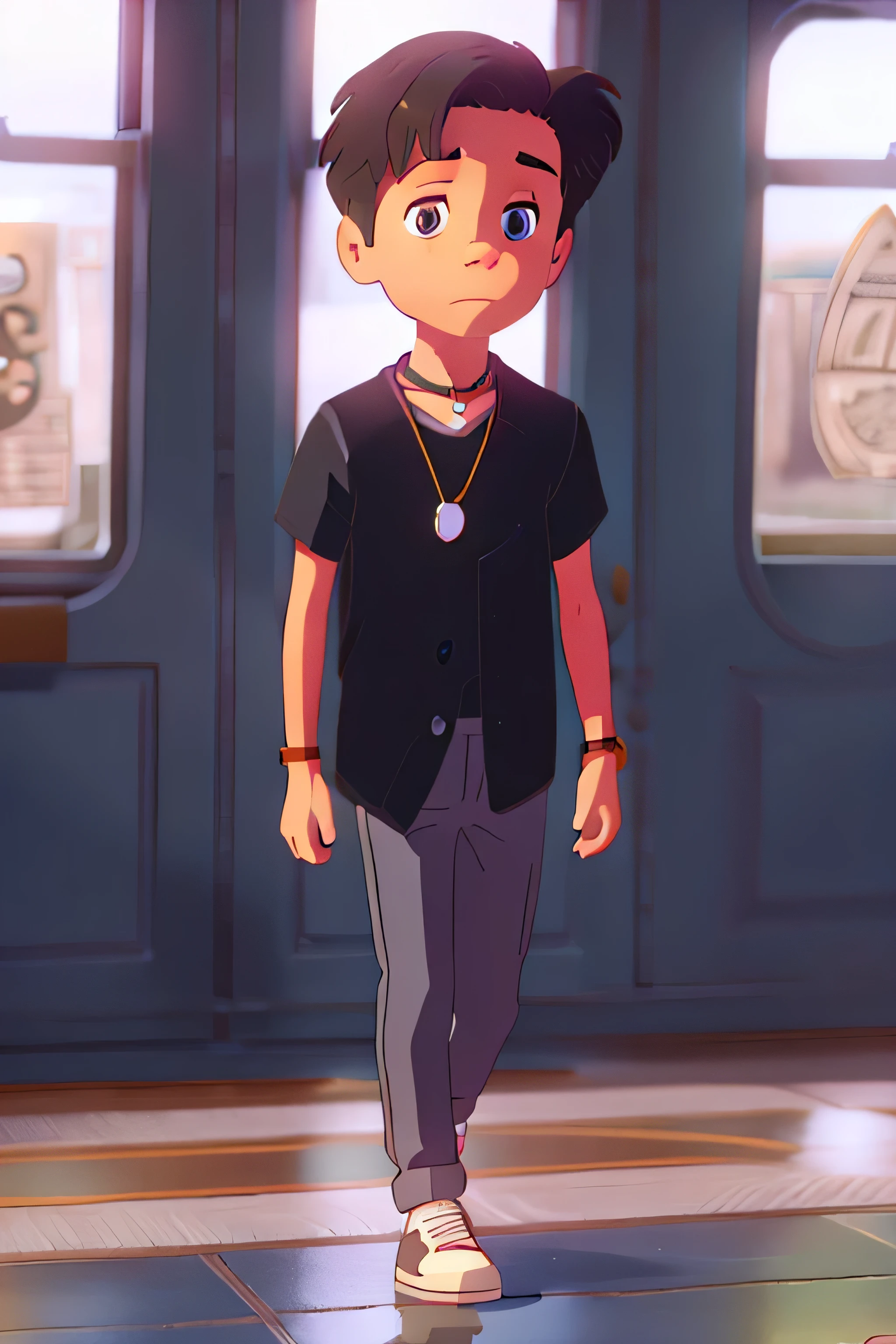 Boy full body short hair black blue,Brown eyes,sky quartz necklace,black shirt,pans gris 