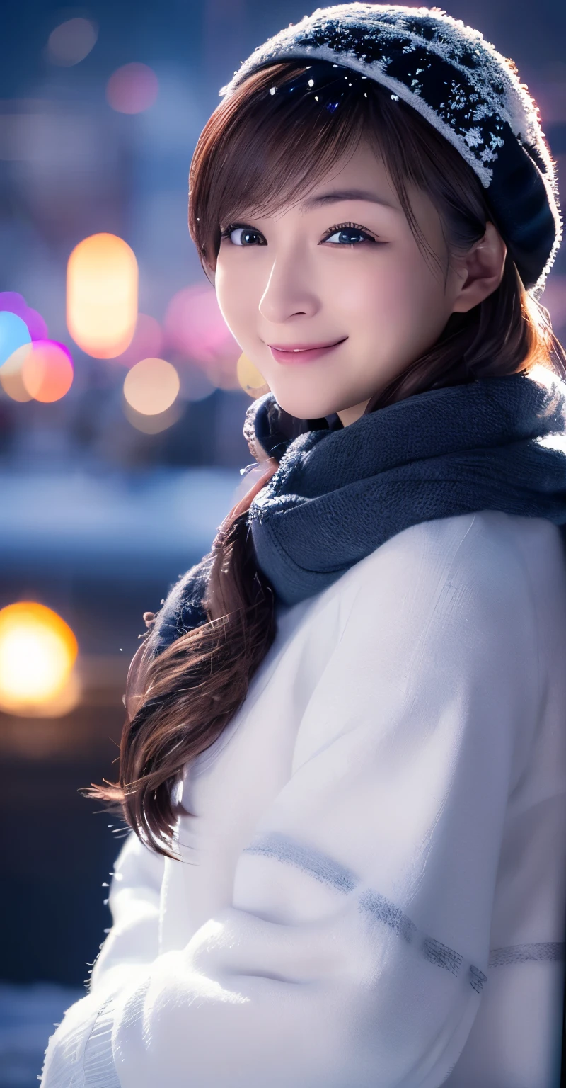 1girl in, (wear a white ski wear:1.2), (Raw photo, Best Quality), (Realistic, Photorealsitic:1.4), masutepiece, ((knee high shot)), Extremely delicate and beautiful, Extremely detailed, 2k wallpaper, amazing, finely detail, the Extremely Detailed CG Unity 8K Wallpapers, Ultra-detailed, hight resolution, Soft light, Beautiful detailed girl, extremely detailed eye and face, beautiful detailed nose, Beautiful detailed eyes, Cinematic lighting, Illuminations coloring the city on a snowy night, Snowy landscape, It's snowing, There's snow in my hair, Perfect Anatomy, Slender body, Taut,
Straight short hair, Bangs, Looking at Viewer, A slight smil
