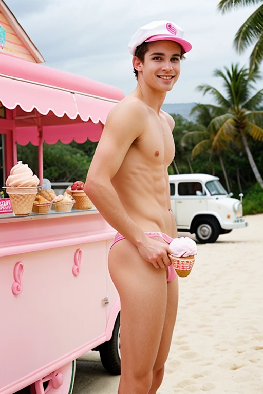 A young cute handsome skinny white naked man with sexy buttocks ice cream server with pink kepi on the beach and an ice cream parlor house behind and flamingo