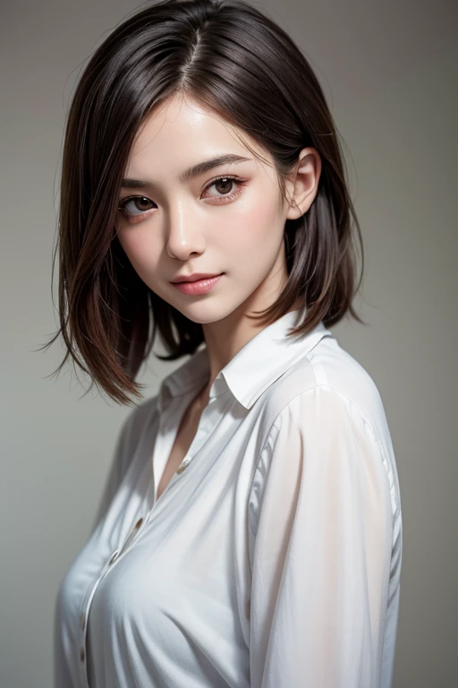 ((masterpiece)), ((Highest quality)), ((Complex)), ((Surreal)), (Realistic), (Mature Woman), ((There are no classes)), Very detailed, (1 female), Brunette bob hair, Brown eyes, ((blouse)), (Upper Body), (background:none), Perfect Eyes, Captivating eyes, smile、Looking at the audience