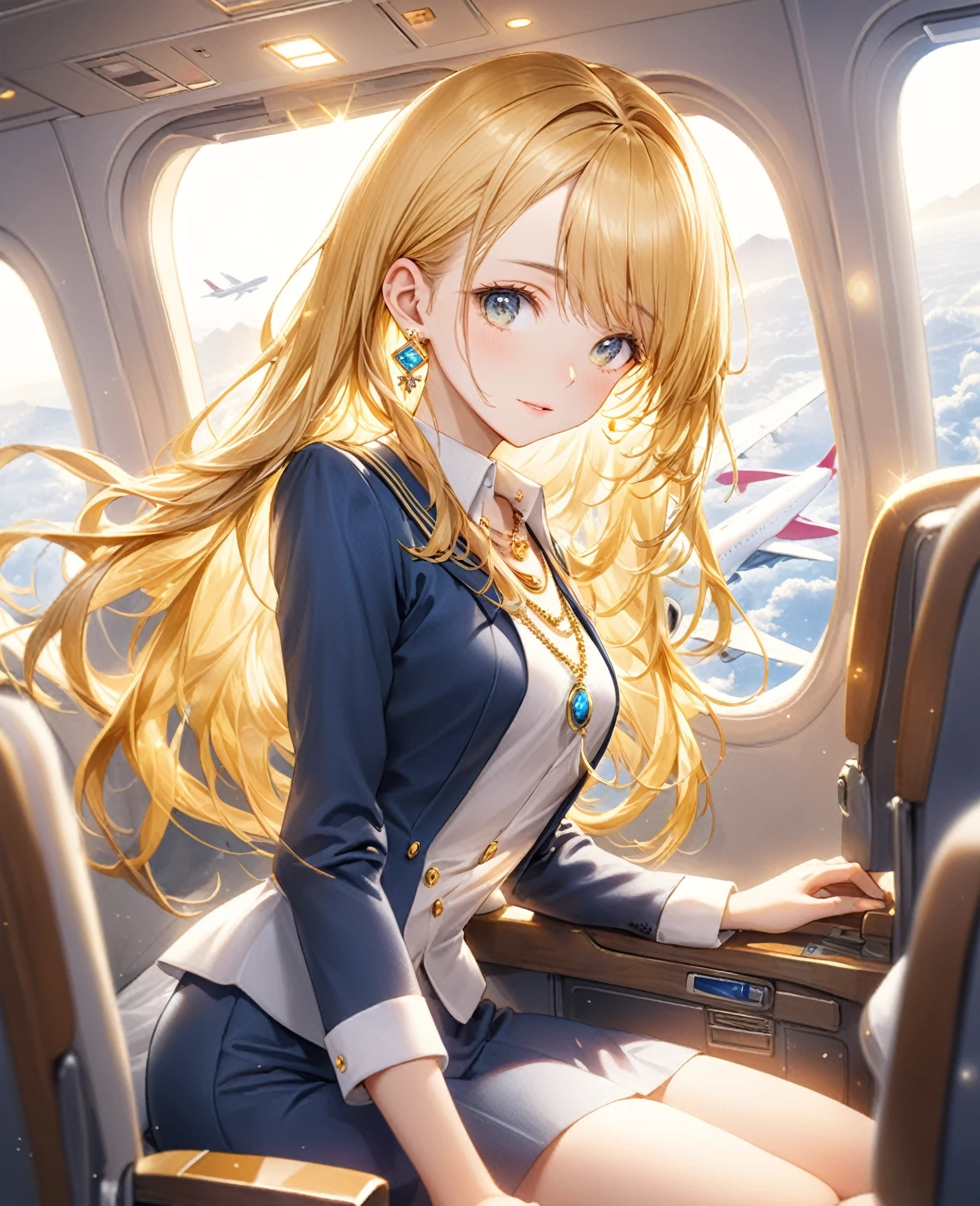 (Highest quality,8k,32K,masterpiece,Ultra-high resolution :1.2 ),born,One girl,Super cute,Natural light,Clear, shining eyes,20-year-old,Fair skin,Fantasy background of an electronic world like inside an airplane,The noble earrings are shining,The noble necklace shines,Golden Hair,Long Hair,Cabin attendant,stewardess